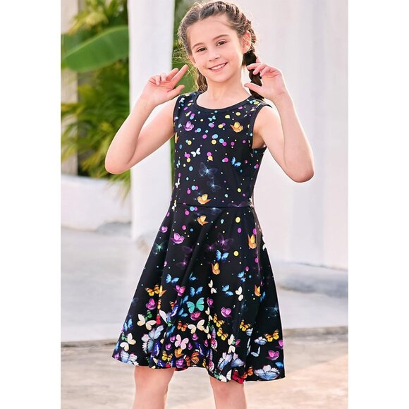 🆕Girl Butterfly Floral Print Sleeveless A Line Sundress Casual SummerPolyester - Picture 3 of 7